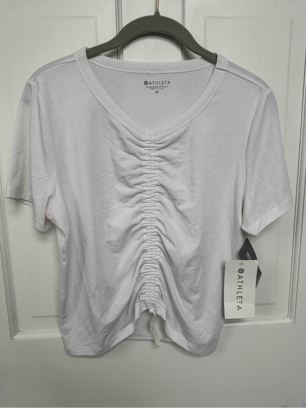 Athleta Women's White Ruched Front Short Sleeve Top
